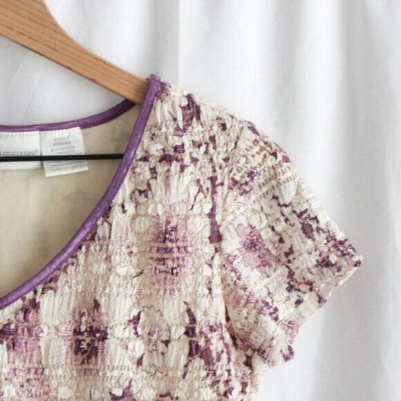 Vintage Textured V-Neck Purple and White Lace Short Sleeve Blouse Medium - Picture 2 of 5